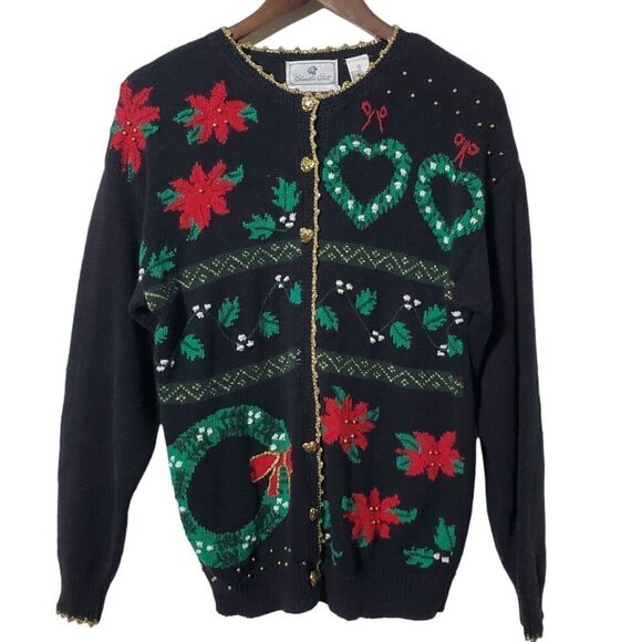 Vintage Holiday Cardigan Sweater Size M Winter Poinsettia Hand Knit Womens - Picture 2 of 14